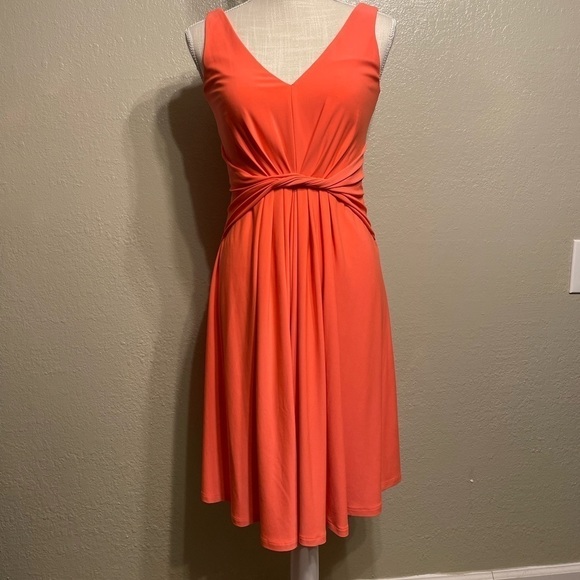 T Tahari Sleeveless Twist Front V Neck MIDI Dress Bright Salmon - Picture 13 of 13